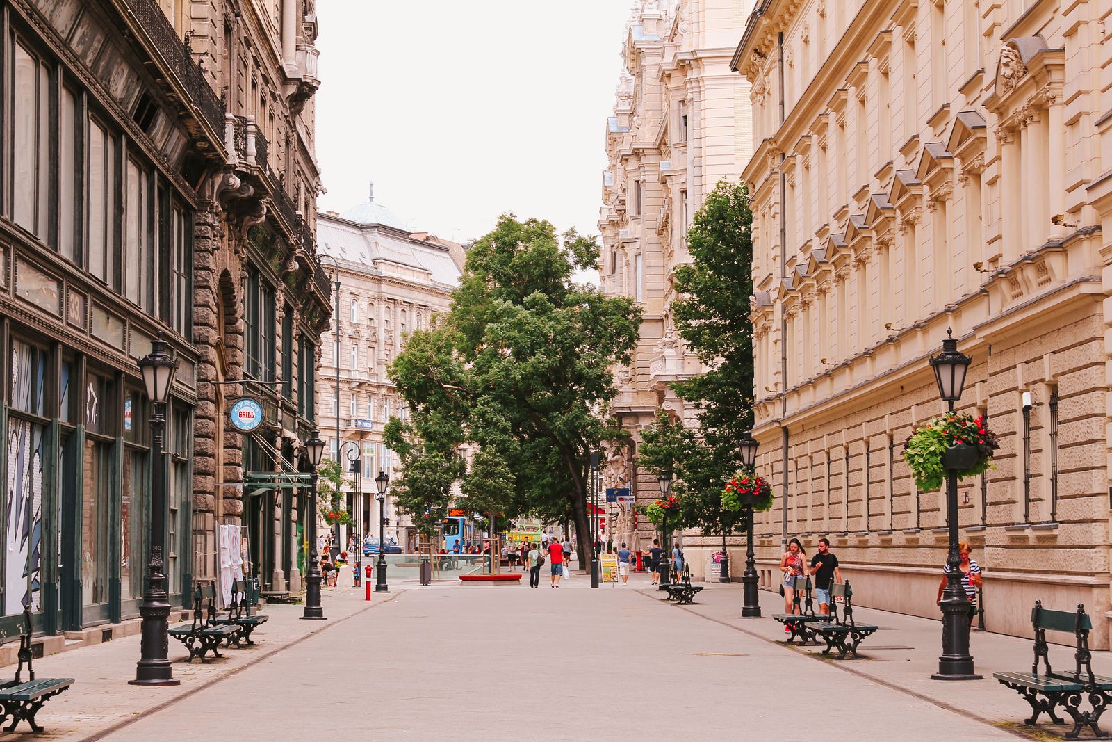 Calle peatonal arbolada con bancos y edificios en un entorno urbano sostenible